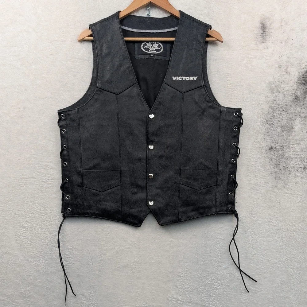 VTG Victory Motorcycle Vest Men's Large Black Leather Biker Side Lace Moto Y2K